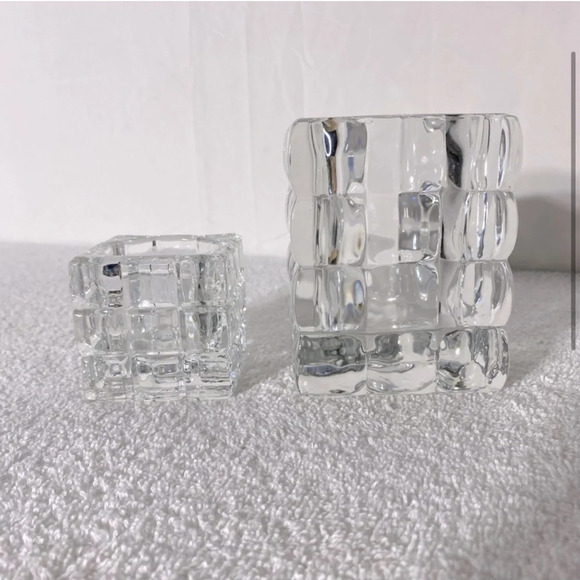 Vintage  Clear Cut Crystal Square Textured Ice Cube Candle Holders - Picture 3 of 9